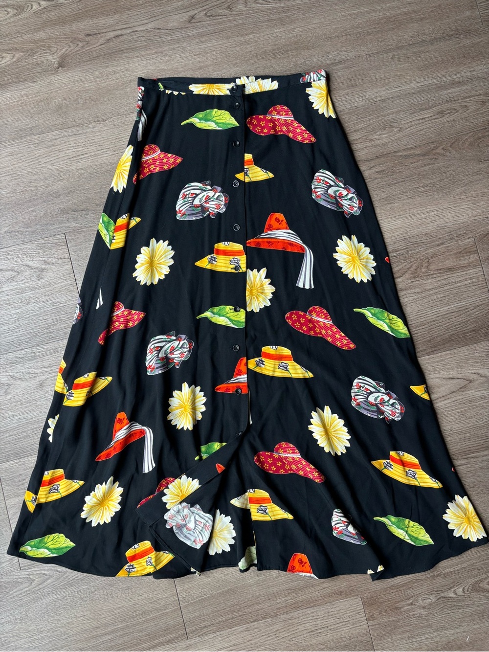 Vintage Y2K Dana B. and Karen Black A-Line Rayon Skirt with Colorful Hat Print